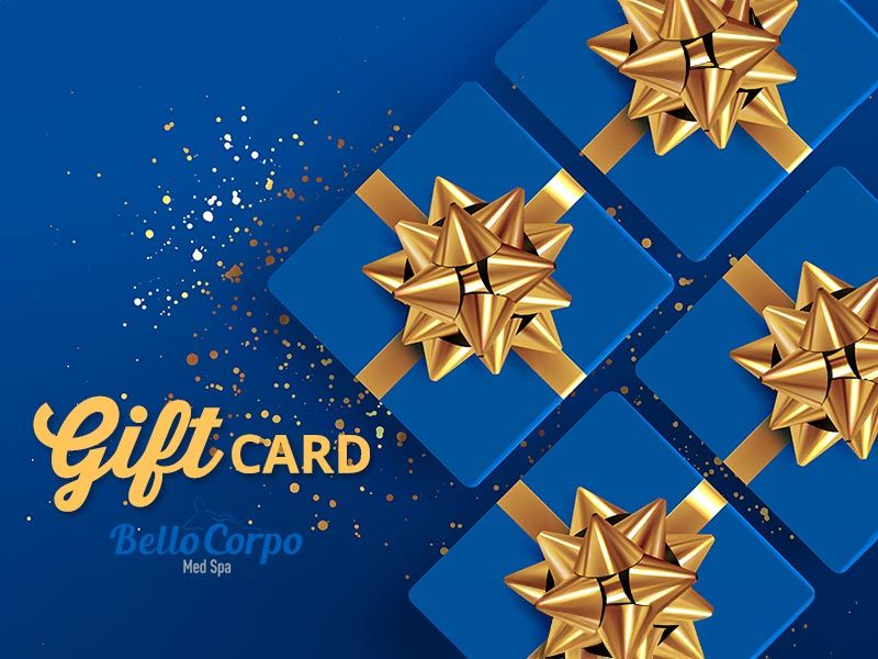 Blue gift boxes with gold bows arranged on a blue background, featuring the text 'Gift Card' and the Bello Corpo Med Spa logo.